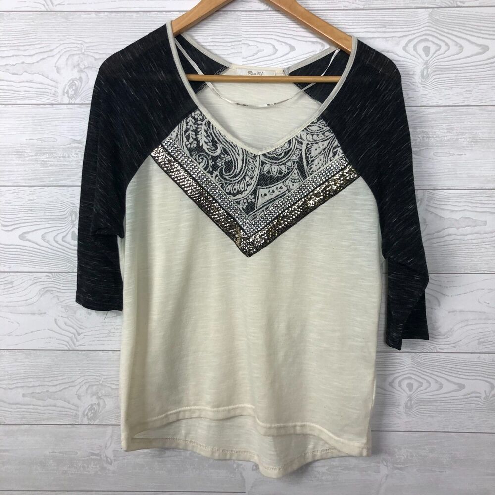 Miss Me Women's Small Raglan T Shirt Embellished Front 3/4 Sleeve V Neck Tee
